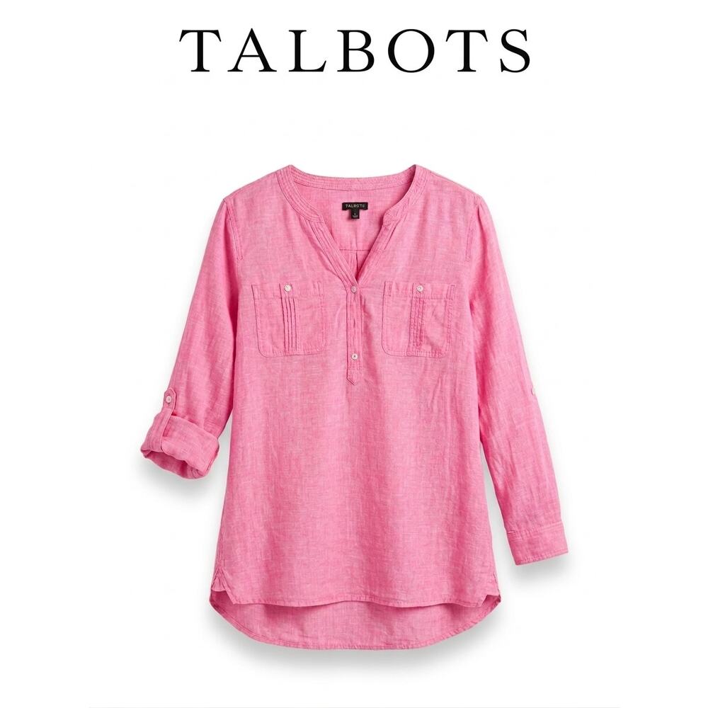 Talbots Pink Linen Roll-Tab Tunic Large Linen Summer Coastal
